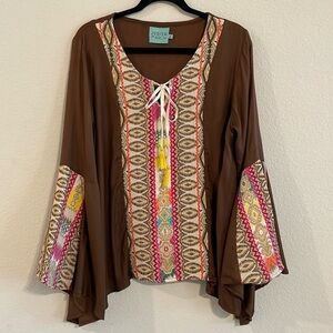 Judith March Anthropologie Women Tunic Large Brown Embroidered Lagenlook